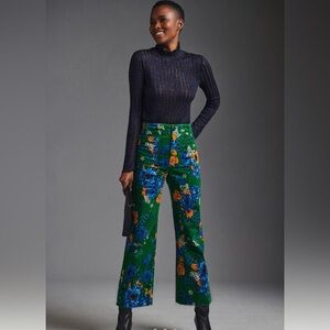 Anthropologie Green Floral Wide Leg Pants
